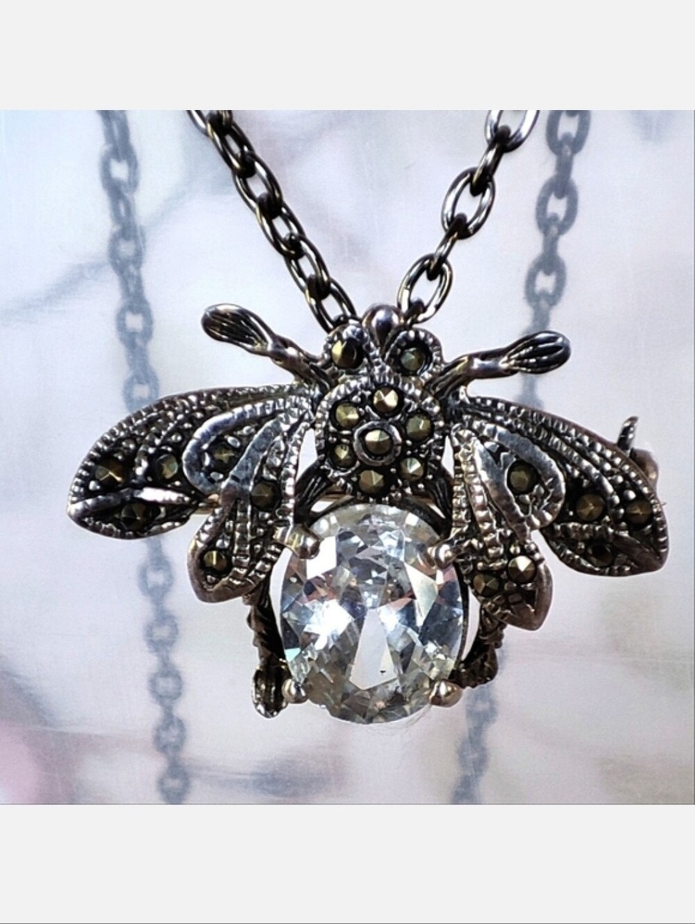 Bee Sterling 925 Signed Clear Cubic Zirconia Brooch Pendant Bug Insect Fly